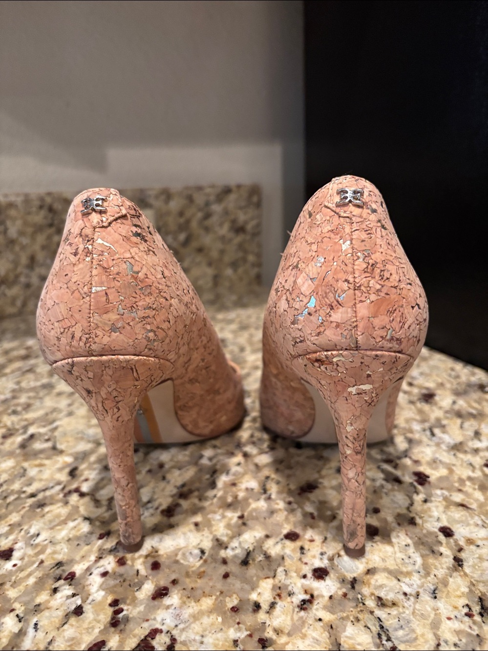 Sam Edelman Peach-Pink Cork-Effect Pointed Toe Pumps, 4 Inch heels - Picture 3 of 5